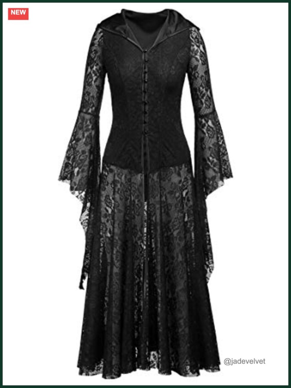 Nihsatin Gothic Victorian Lace Cardigan Dress Hooded Trumpet Sleeve